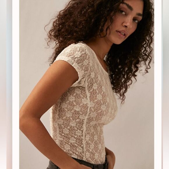 NWOT Free People Keep It Simple Lace Baby Tee Ivory Ruched Semi Sheer Fitted XS - Picture 14 of 14